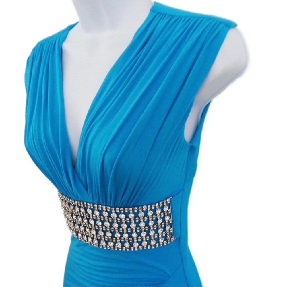 Sky Brand Blue Top Ruched Heavy Rhinestone Waistband Bodycon Cutout Back USA XS